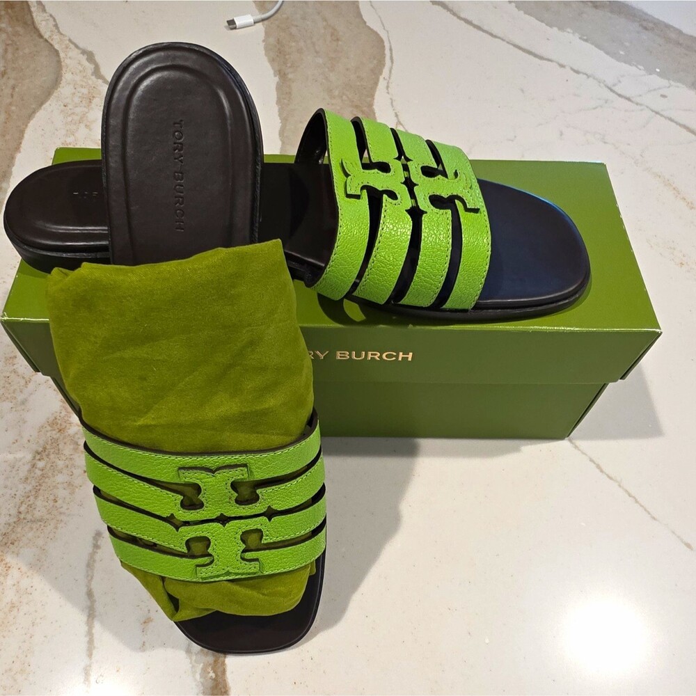 Tory Burch Ines Capri Slide Sandals Womens Green Leather Logo US 10 EU 41